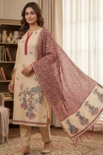Cream muga cotton jamdani salwar suit dress material