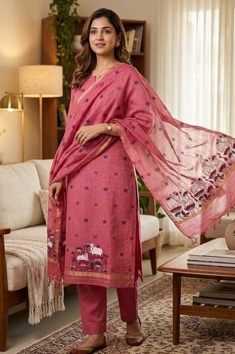 Pink muga cotton jamdani salwar suit dress material