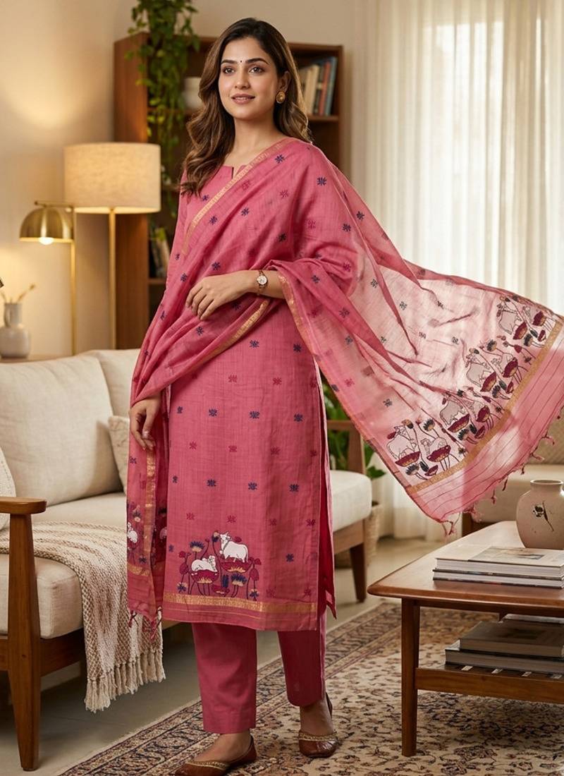Pink muga cotton jamdani salwar suit dress material