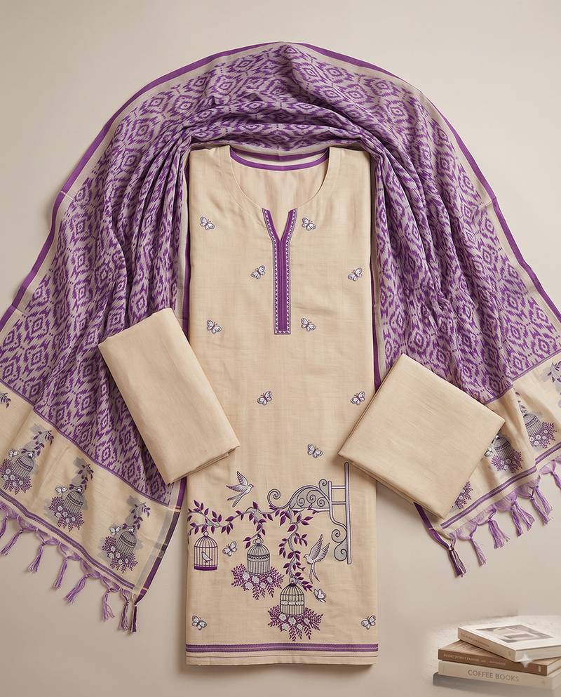 Cream muga cotton jamdani salwar suit dress material