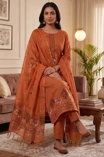 Orange muga cotton jamdani salwar suit dress material