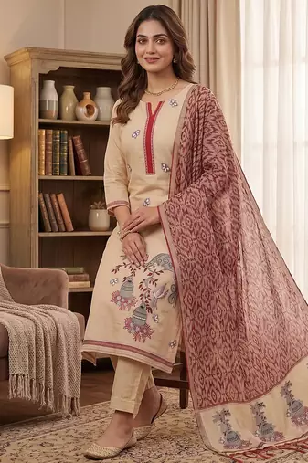 Cream muga cotton jamdani salwar suit dress material