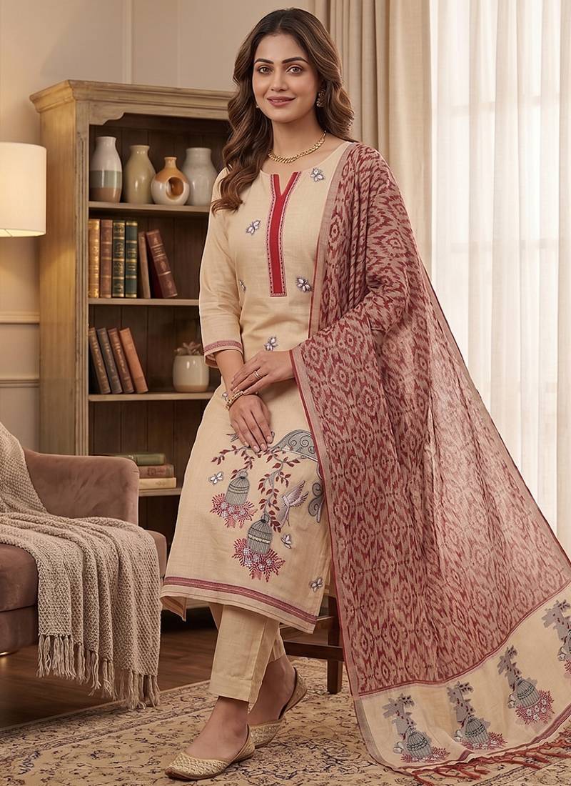 Cream muga cotton jamdani salwar suit dress material