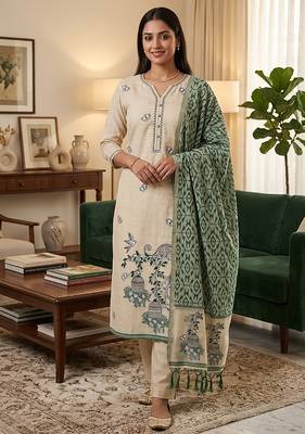 Cream muga cotton jamdani salwar suit dress material 1