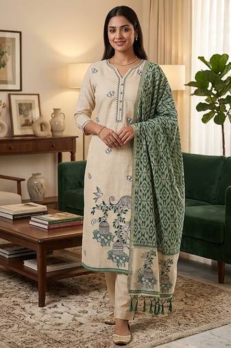 Cream muga cotton jamdani salwar suit dress material