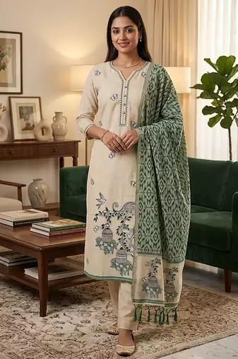Cream muga cotton jamdani salwar suit dress material