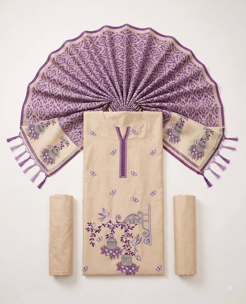 Cream muga cotton jamdani salwar suit dress material