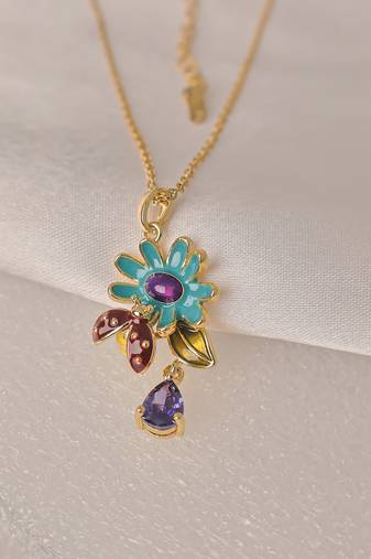 Enamel daisy flower pendant necklace with purple crystal drop | anti-tarnish gold plated