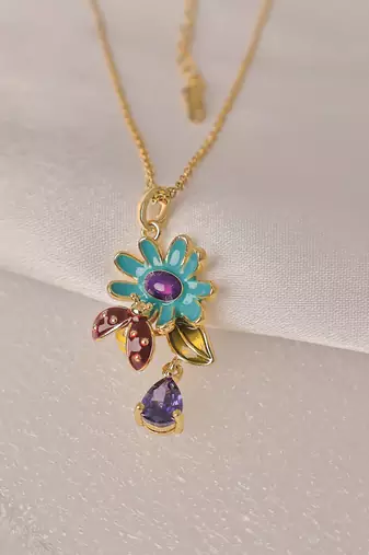 Enamel daisy flower pendant necklace with purple crystal drop | anti-tarnish gold plated