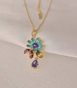 Enamel daisy flower pendant necklace with purple crystal drop | anti-tarnish gold plated