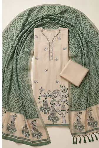 Cream muga cotton jamdani salwar suit dress material