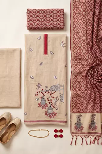 Cream muga cotton jamdani salwar suit dress material