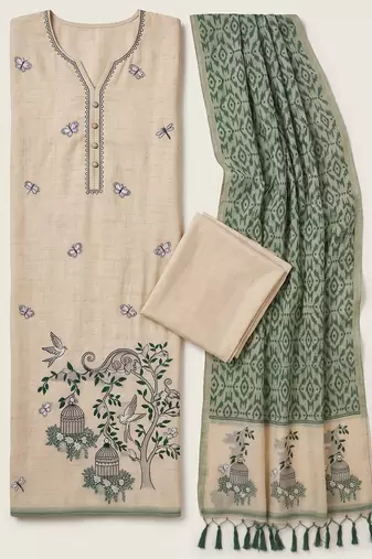 Cream muga cotton jamdani salwar suit dress material