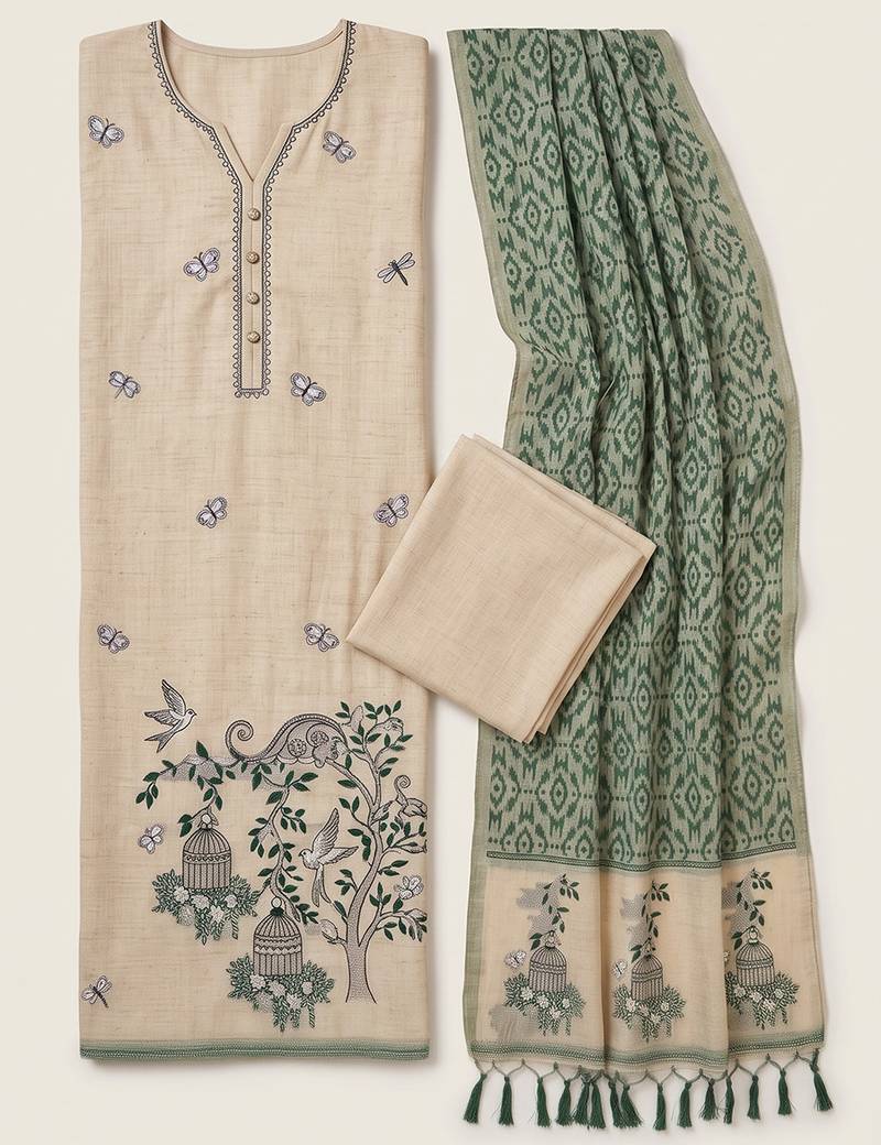 Cream muga cotton jamdani salwar suit dress material