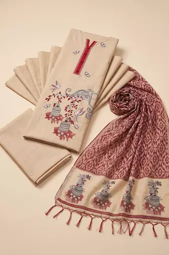 Cream muga cotton jamdani salwar suit dress material