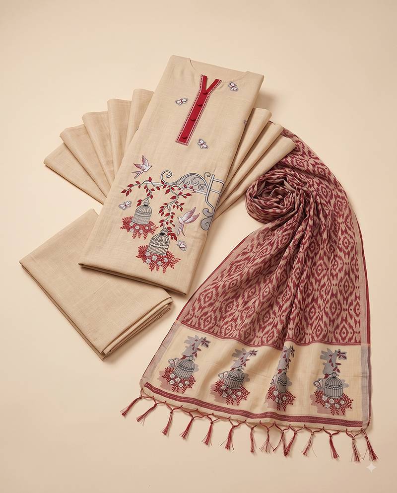 Cream muga cotton jamdani salwar suit dress material