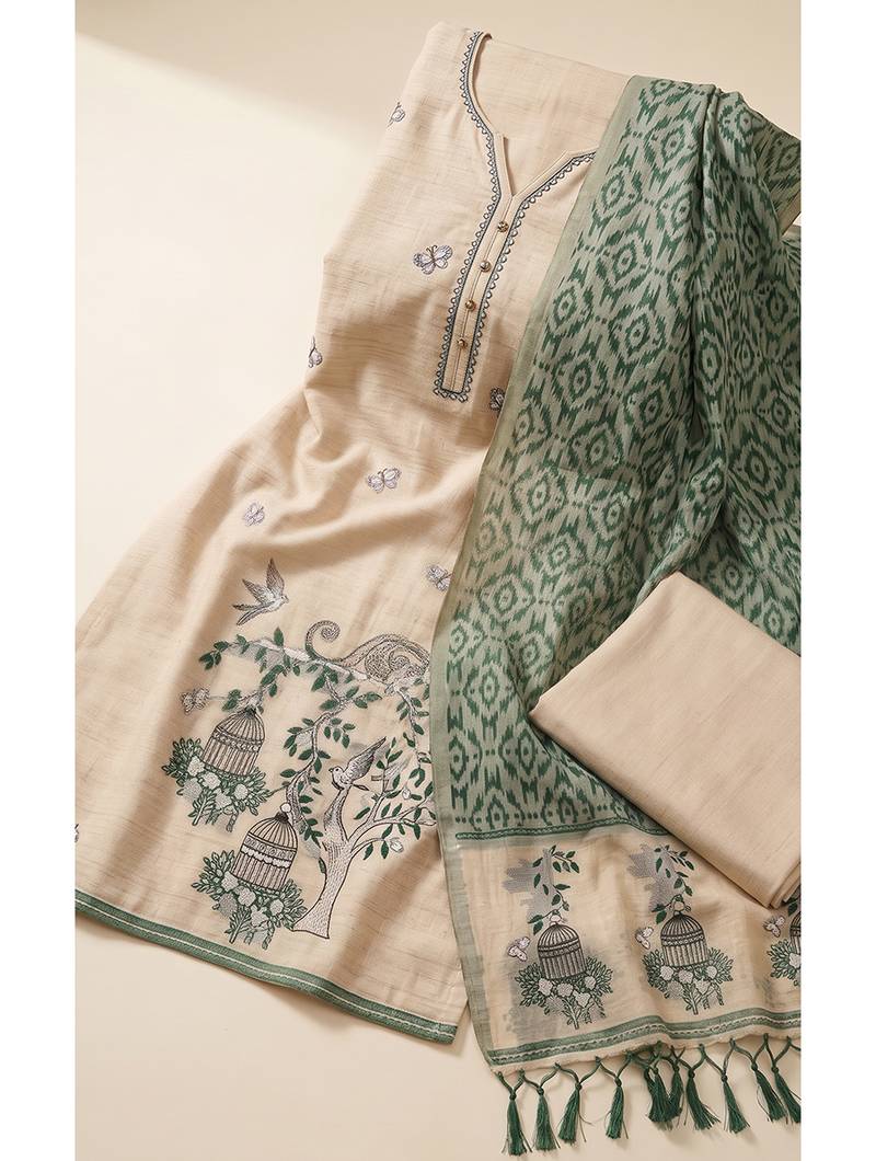 Cream muga cotton jamdani salwar suit dress material