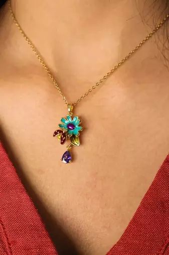 Enamel daisy flower pendant necklace with purple crystal drop | anti-tarnish gold plated