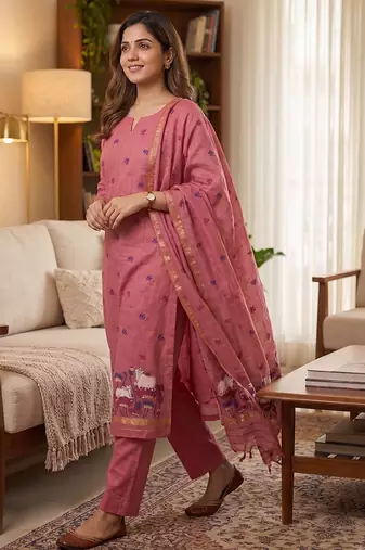 Pink muga cotton jamdani salwar suit dress material