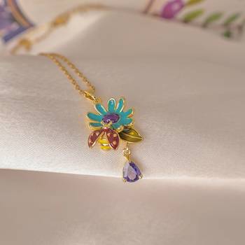 Enamel daisy flower pendant necklace with purple crystal drop | anti-tarnish gold plated 3