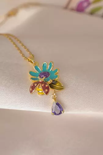 Enamel daisy flower pendant necklace with purple crystal drop | anti-tarnish gold plated