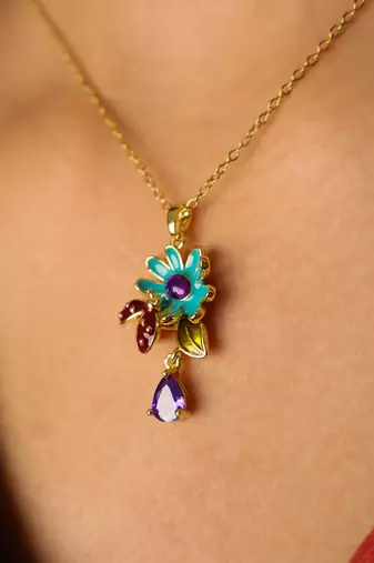 Enamel daisy flower pendant necklace with purple crystal drop | anti-tarnish gold plated