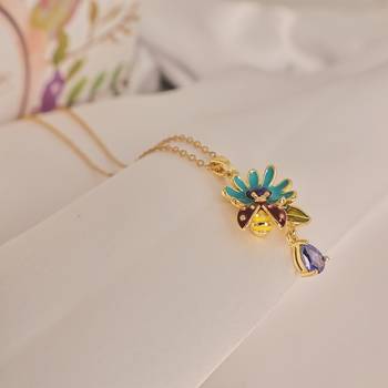 Enamel daisy flower pendant necklace with purple crystal drop | anti-tarnish gold plated 5