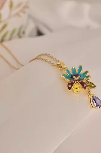 Enamel daisy flower pendant necklace with purple crystal drop | anti-tarnish gold plated