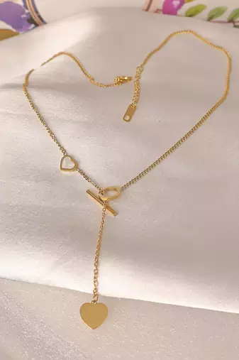 Asymmetric heart toggle bar lariat necklace for women | anti-tarnish gold plated y-chain