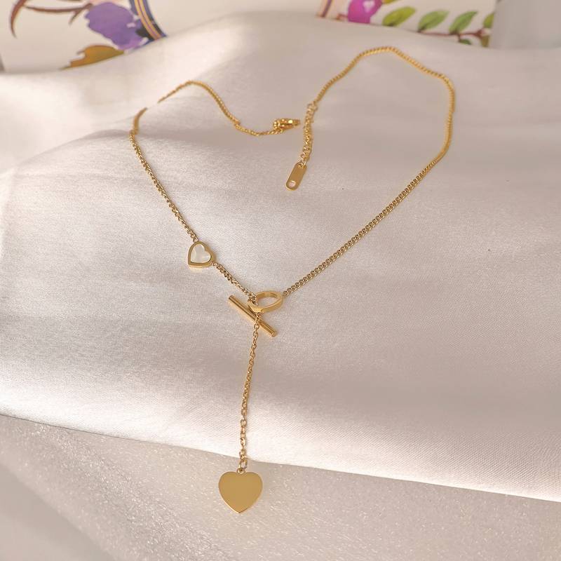 Asymmetric heart toggle bar lariat necklace for women | anti-tarnish gold plated y-chain