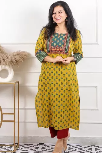 Women yellow mirror work printed ajrak patch cotton kurti