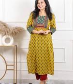 Women yellow mirror work printed ajrak patch cotton kurti