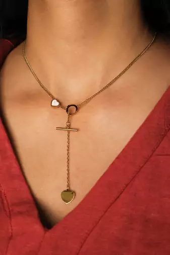 Asymmetric heart toggle bar lariat necklace for women | anti-tarnish gold plated y-chain