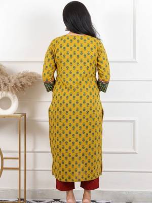 Women yellow mirror work printed ajrak patch cotton kurti 2