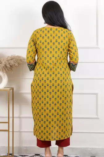 Women yellow mirror work printed ajrak patch cotton kurti