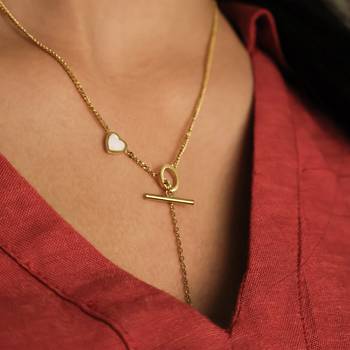 Asymmetric heart toggle bar lariat necklace for women | anti-tarnish gold plated y-chain 4