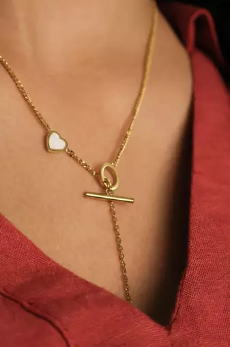 Asymmetric heart toggle bar lariat necklace for women | anti-tarnish gold plated y-chain