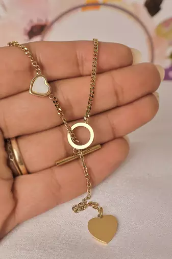 Asymmetric heart toggle bar lariat necklace for women | anti-tarnish gold plated y-chain