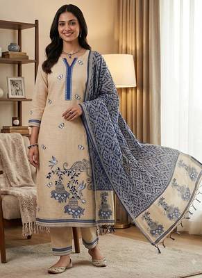 Cream muga cotton jamdani salwar suit dress material 1