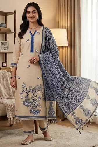 Cream muga cotton jamdani salwar suit dress material