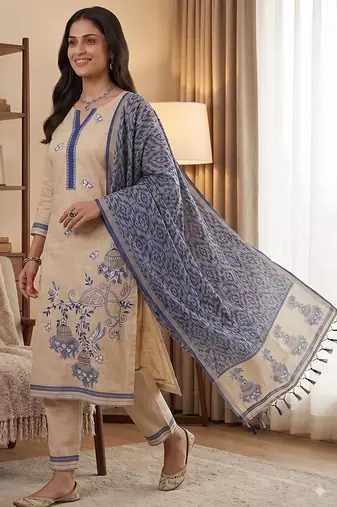 Cream muga cotton jamdani salwar suit dress material