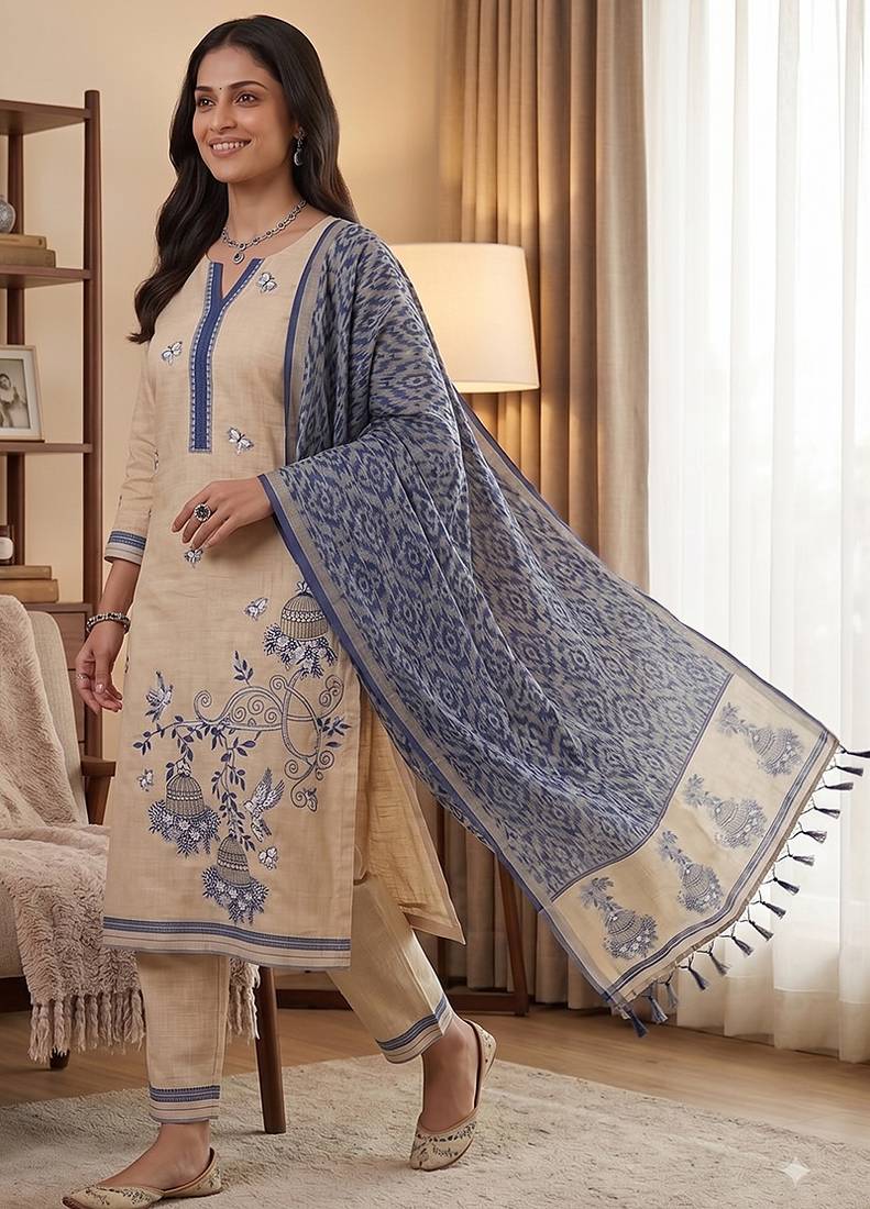 Cream muga cotton jamdani salwar suit dress material