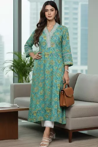 Women floral printed thread work floral kurta