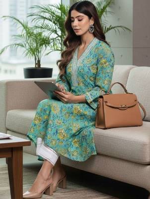 Women floral printed thread work floral kurta 2