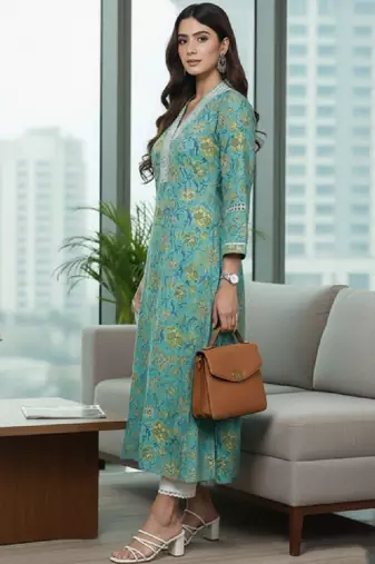 Women floral printed thread work floral kurta