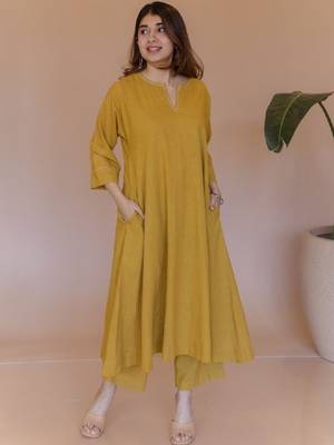 Zari embroidered cotton a-line calf length kurta 1