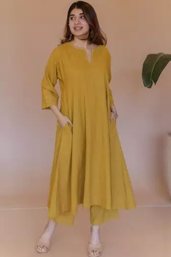 Zari embroidered cotton a-line calf length kurta