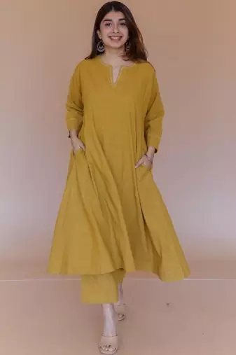 Zari embroidered cotton a-line calf length kurta