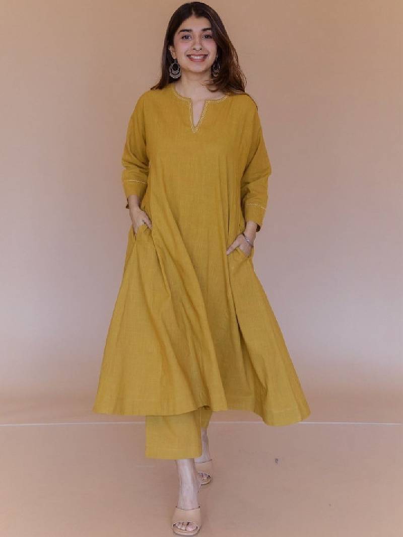 Zari embroidered cotton a-line calf length kurta