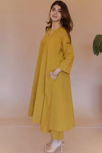 Zari embroidered cotton a-line calf length kurta